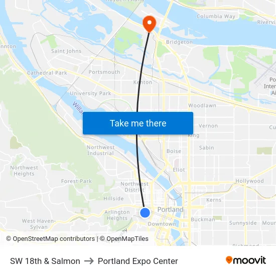 SW 18th & Salmon to Portland Expo Center map