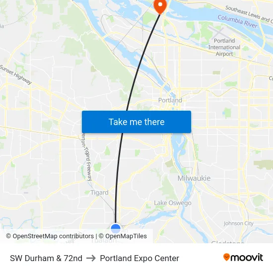 SW Durham & 72nd to Portland Expo Center map