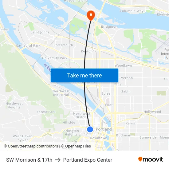 SW Morrison & 17th to Portland Expo Center map