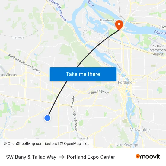 SW Bany & Tallac Way to Portland Expo Center map