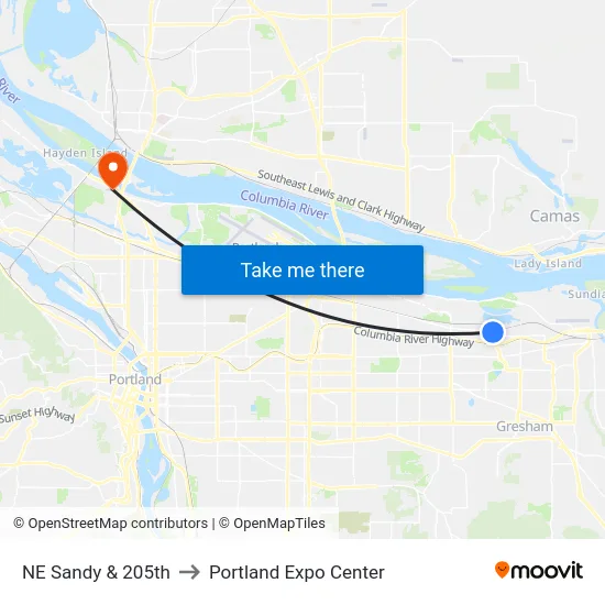 NE Sandy & 205th to Portland Expo Center map