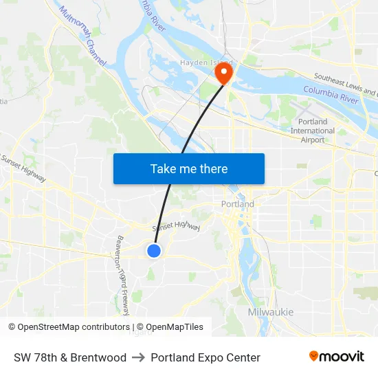 SW 78th & Brentwood to Portland Expo Center map