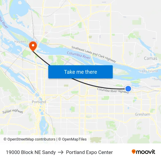 19000 Block NE Sandy to Portland Expo Center map
