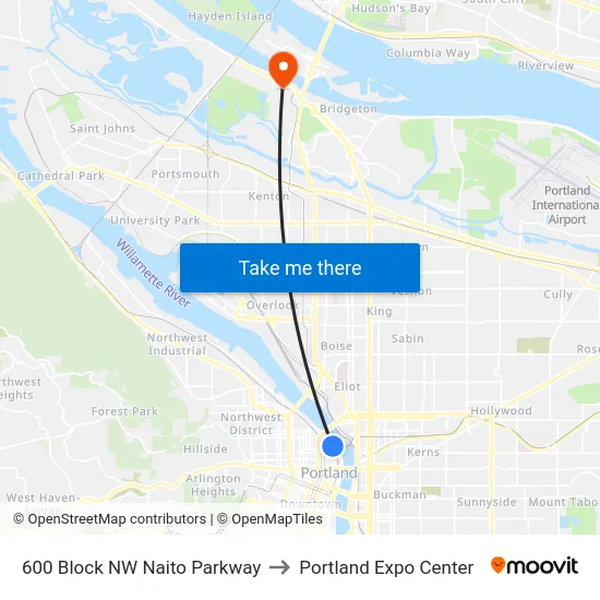 600 Block NW Naito Parkway to Portland Expo Center map