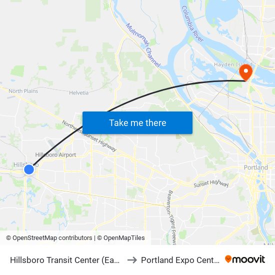 Hillsboro Transit Center (East) to Portland Expo Center map
