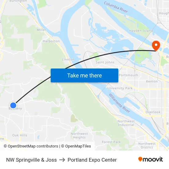 NW Springville & Joss to Portland Expo Center map