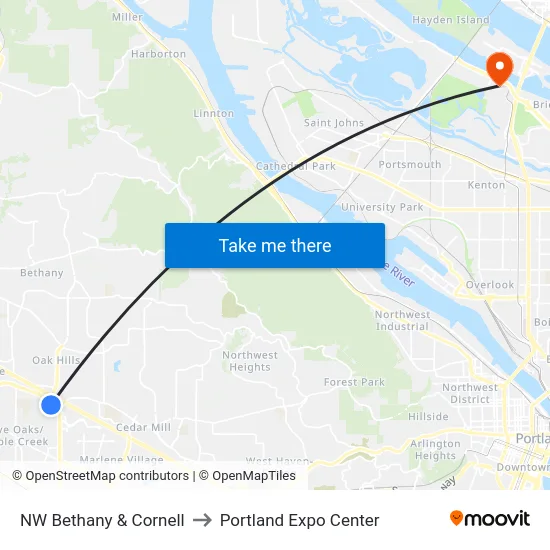 NW Bethany & Cornell to Portland Expo Center map