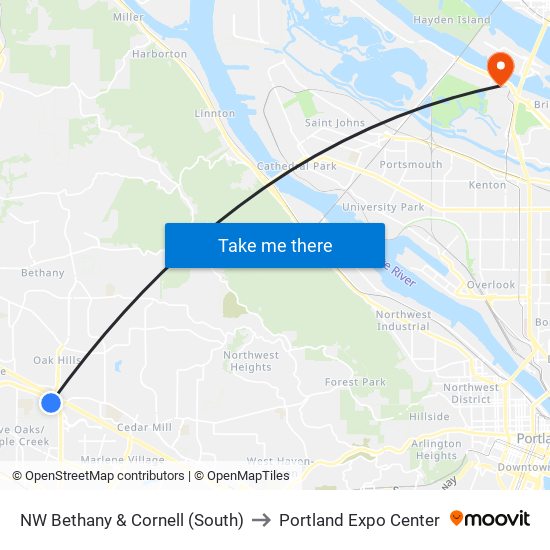 NW Bethany & Cornell (South) to Portland Expo Center map