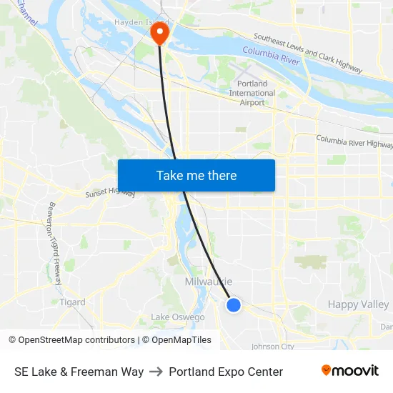 SE Lake & Freeman Way to Portland Expo Center map