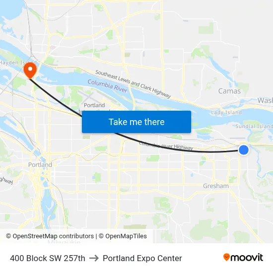 400 Block SW 257th to Portland Expo Center map