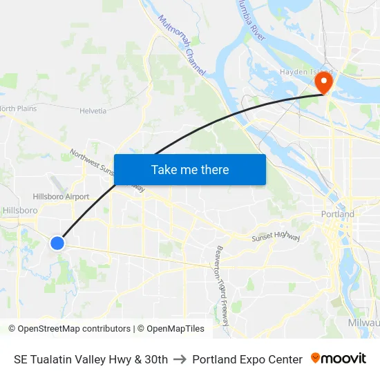 SE Tualatin Valley Hwy & 30th to Portland Expo Center map