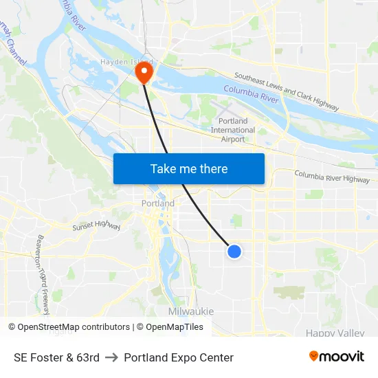 SE Foster & 63rd to Portland Expo Center map