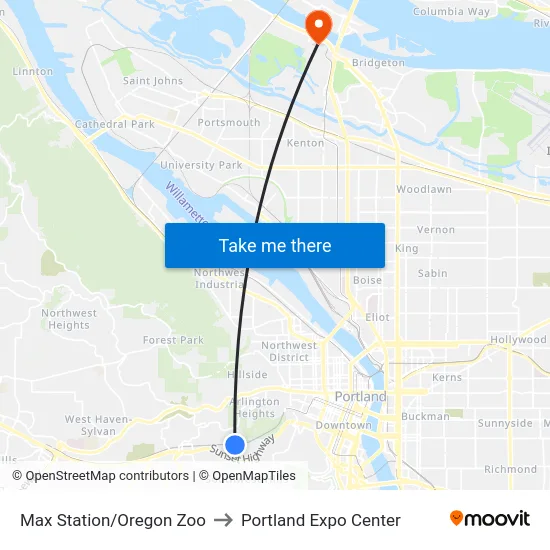 Max Station/Oregon Zoo to Portland Expo Center map