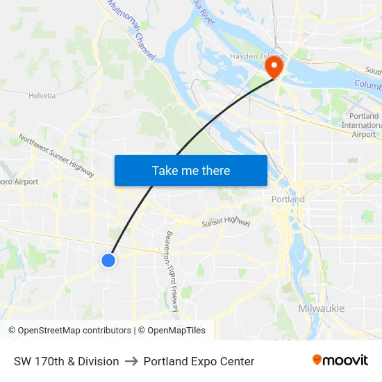 SW 170th & Division to Portland Expo Center map