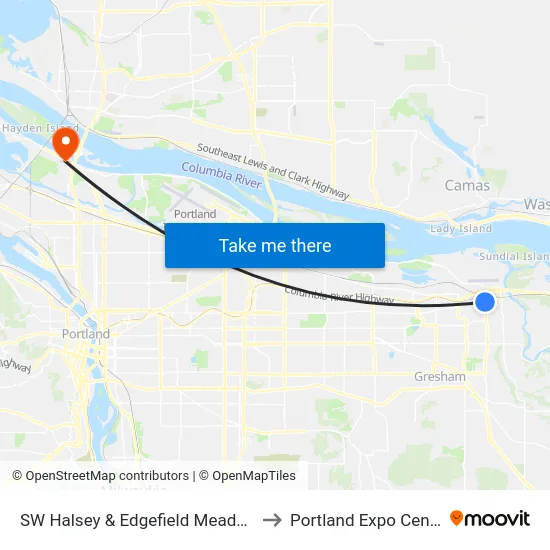 SW Halsey & Edgefield Meadows to Portland Expo Center map