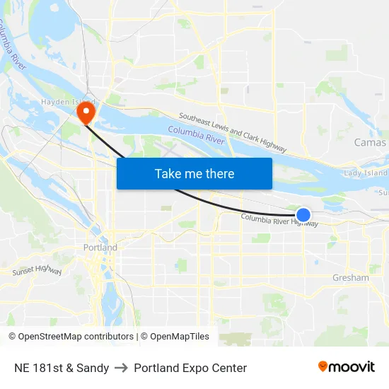 NE 181st & Sandy to Portland Expo Center map