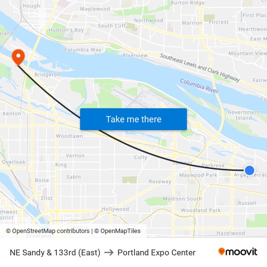 NE Sandy & 133rd (East) to Portland Expo Center map