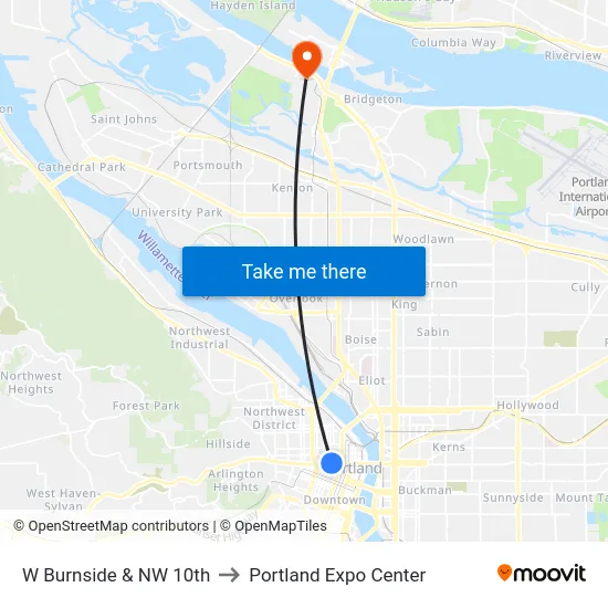 W Burnside & NW 10th to Portland Expo Center map