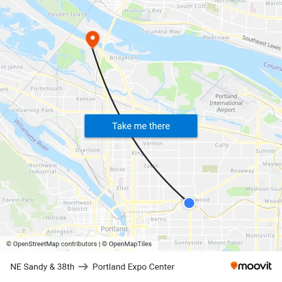 NE Sandy & 38th to Portland Expo Center map