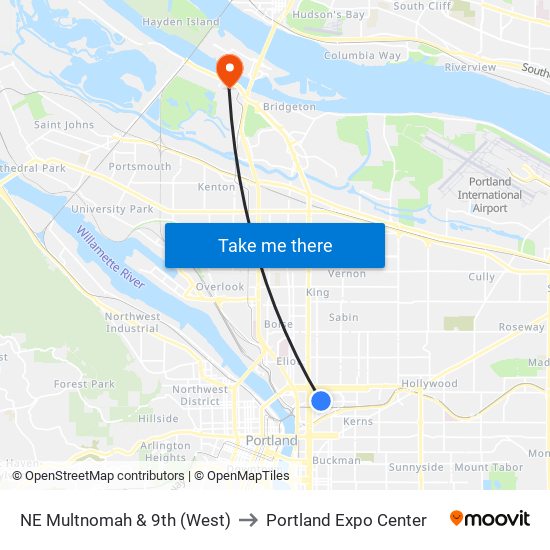 NE Multnomah & 9th (West) to Portland Expo Center map