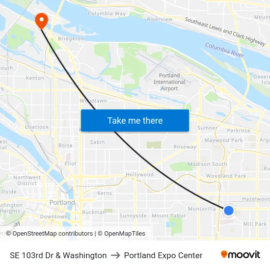 SE 103rd Dr & Washington to Portland Expo Center map