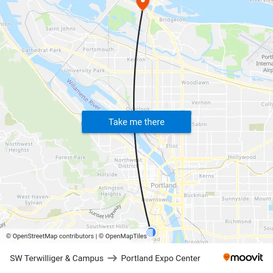 SW Terwilliger & Campus to Portland Expo Center map