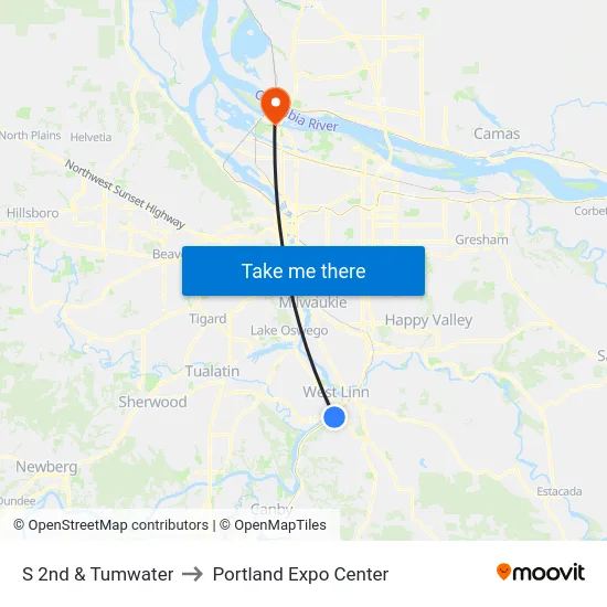 S 2nd & Tumwater to Portland Expo Center map