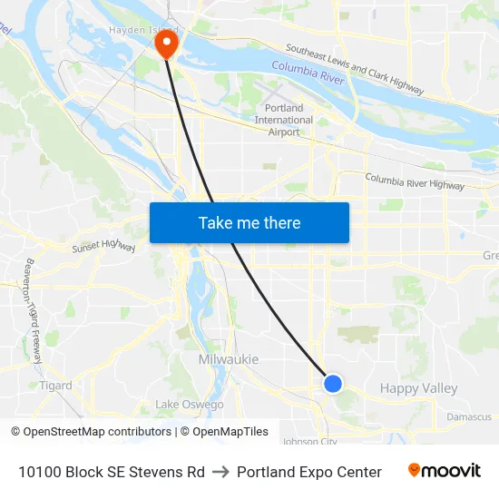 10100 Block SE Stevens Rd to Portland Expo Center map