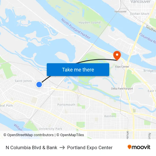 N Columbia Blvd & Bank to Portland Expo Center map