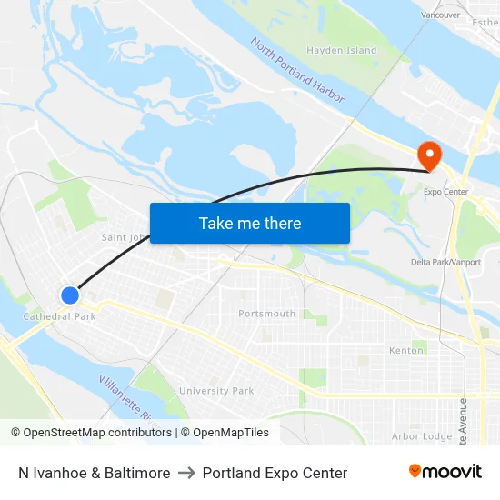 N Ivanhoe & Baltimore to Portland Expo Center map