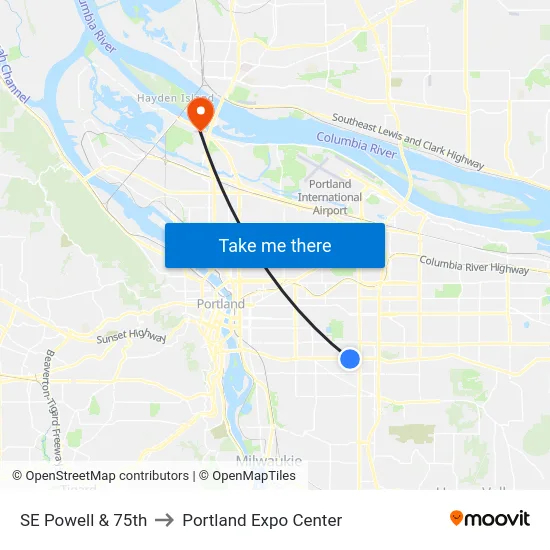 SE Powell & 75th to Portland Expo Center map