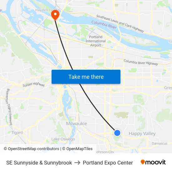 SE Sunnyside & Sunnybrook to Portland Expo Center map