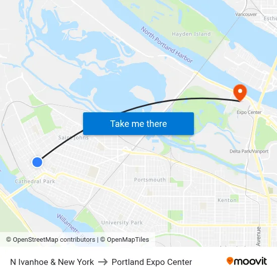 N Ivanhoe & New York to Portland Expo Center map