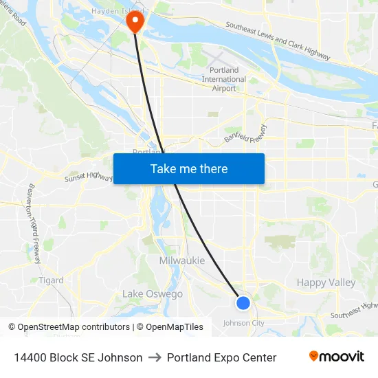 14400 Block SE Johnson to Portland Expo Center map