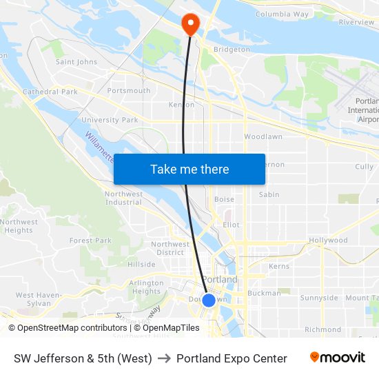SW Jefferson & 5th (West) to Portland Expo Center map