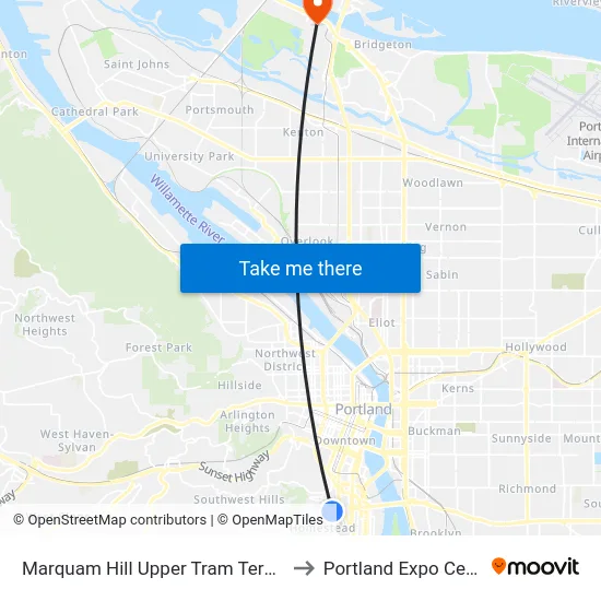 Marquam Hill Upper Tram Terminal to Portland Expo Center map