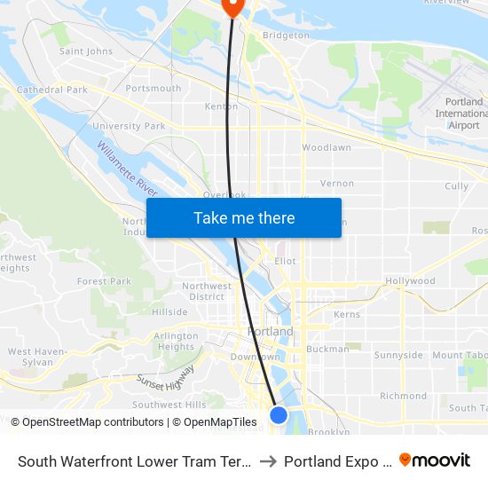 South Waterfront Lower Tram Terminal (West) to Portland Expo Center map