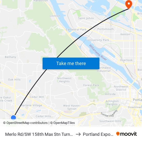 Merlo Rd/SW 158th Max Stn Turnaround (East) to Portland Expo Center map