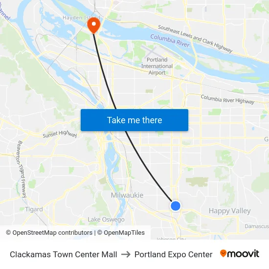 Clackamas Town Center Mall to Portland Expo Center map