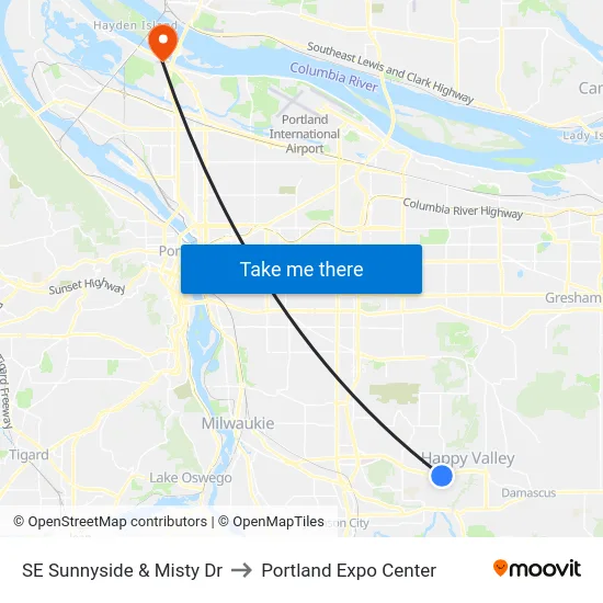 SE Sunnyside & Misty Dr to Portland Expo Center map