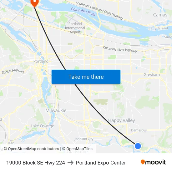 19000 Block SE Hwy 224 to Portland Expo Center map