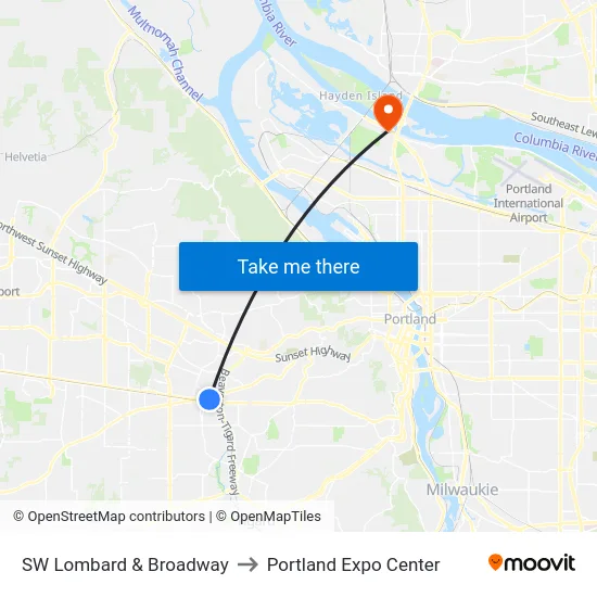 SW Lombard & Broadway to Portland Expo Center map