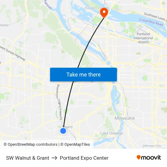 SW Walnut & Grant to Portland Expo Center map