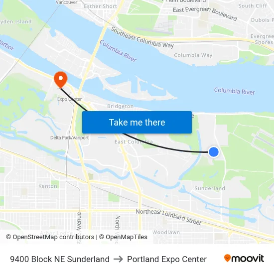 9400 Block NE Sunderland to Portland Expo Center map