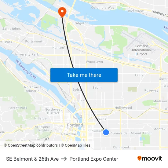SE Belmont & 26th Ave to Portland Expo Center map