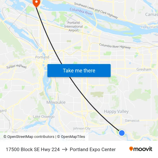 17500 Block SE Hwy 224 to Portland Expo Center map