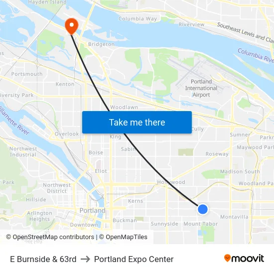 E Burnside & 63rd to Portland Expo Center map