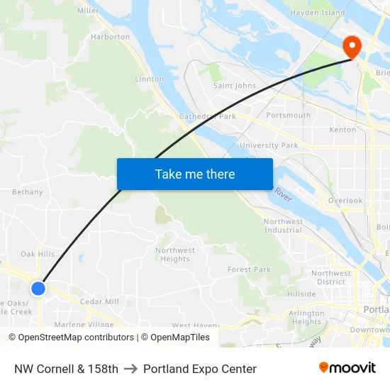 NW Cornell & 158th to Portland Expo Center map