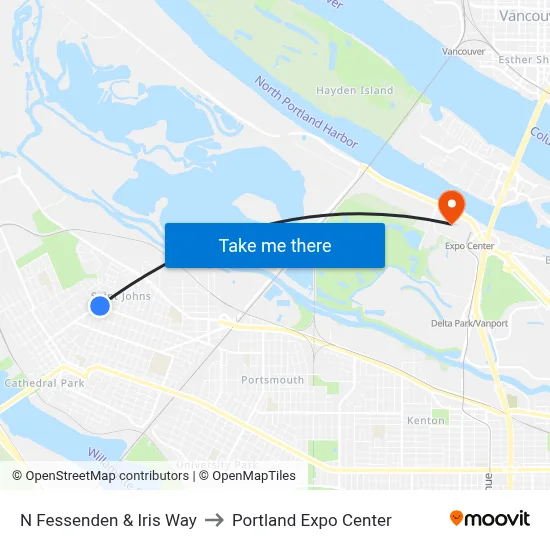 N Fessenden & Iris Way to Portland Expo Center map