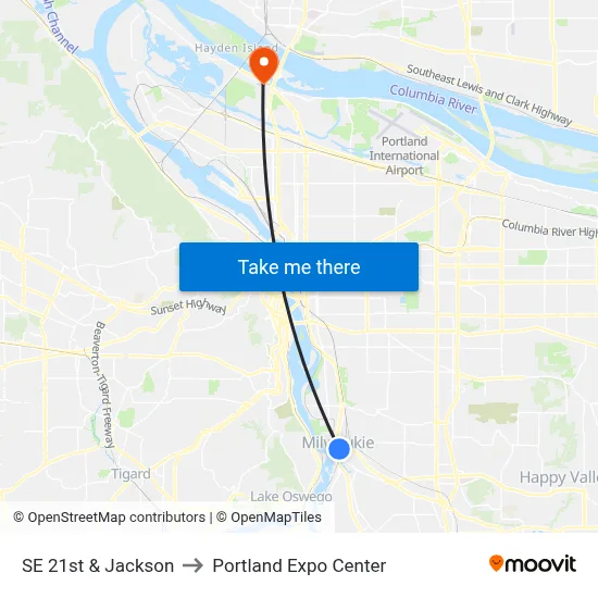 SE 21st & Jackson to Portland Expo Center map